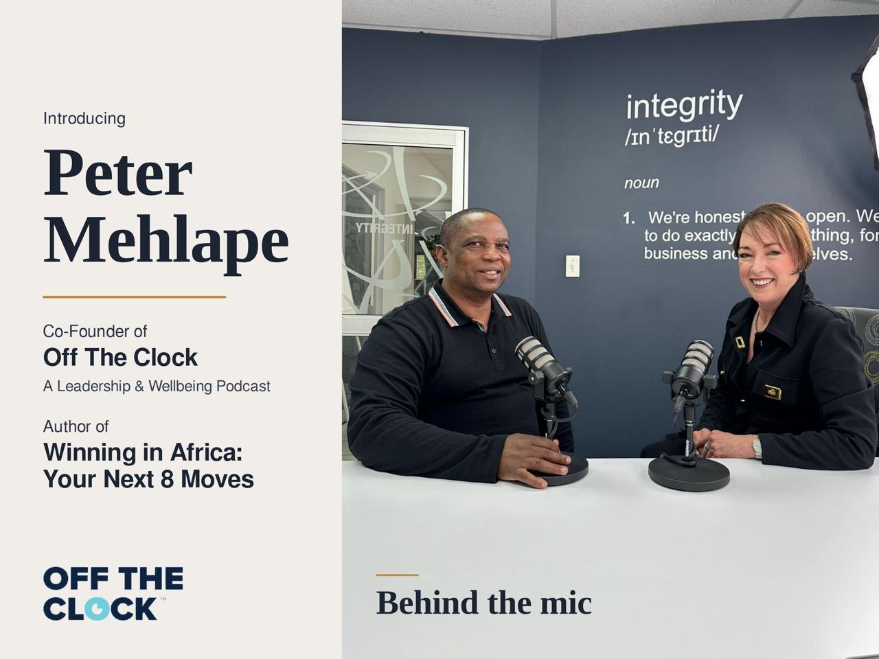 Introducing Peter Mehlape — Co-Founder of Off The Clock and author of Winning in Africa, pictured behind the mic in the studio